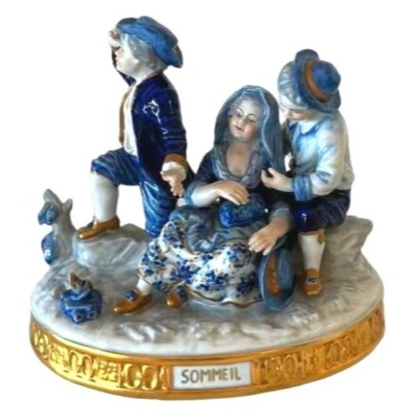 Volkstedt Sommeil Baroque Traveler Figurine Group Sculpture Cobalt Blue Gold Vtg - Picture 2 of 15